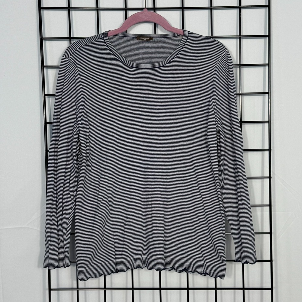 J. McLaughlin Shirt Womens L Large Blue White Stripe Cashmere Blend Scallop Hem